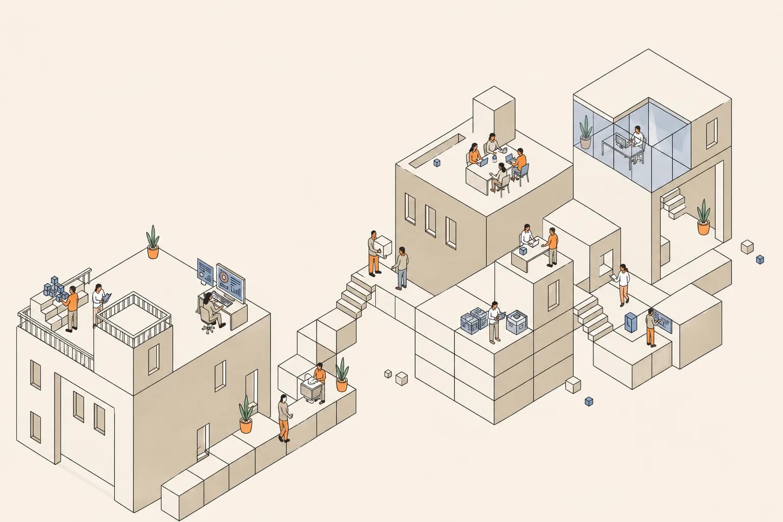 An isometric illustration of two office buildings: people at desks and in a meeting room, someone stacking boxes of equipment, a laptop being handed over, and a workstation showing a dashboard.